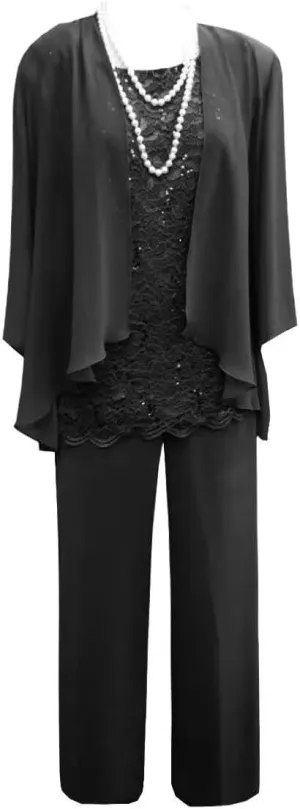 Women's 3 Pieces Mother of The Bride Dress Pant Suits Lace Wedding Guest Dress with Jacket