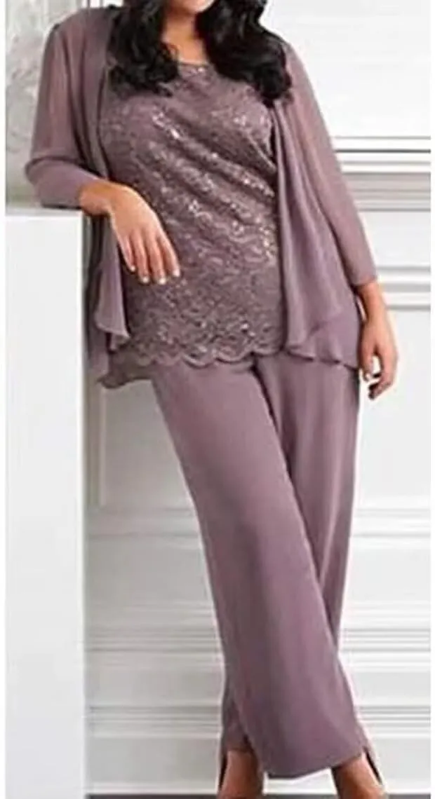 Women's 3 Pieces Mother of The Bride Dress Pant Suits Lace Wedding Guest Dress with Jacket