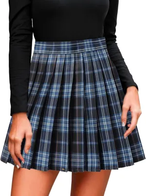 Women's A-line Plaid Skater Pleated Skirts, High Waist Short Mini Y2K Style Tennis Skirt Skort for School Women