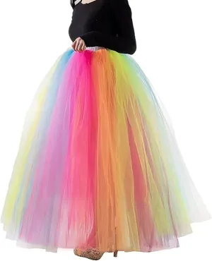Women's A Line Pleated Long Maxi Tutu Tulle Party Skirts Rainbow Dress
