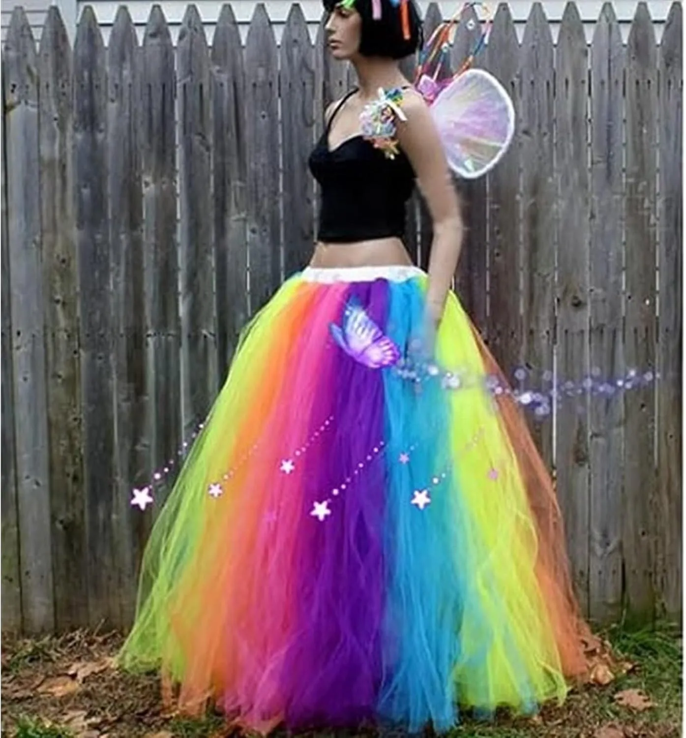 Women's A Line Pleated Long Maxi Tutu Tulle Party Skirts Rainbow Dress