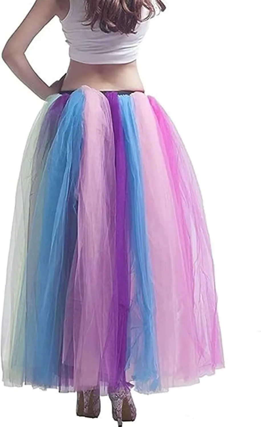 Women's A Line Pleated Long Maxi Tutu Tulle Party Skirts Rainbow Dress