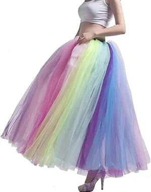 Women's A Line Pleated Long Maxi Tutu Tulle Party Skirts Rainbow Dress