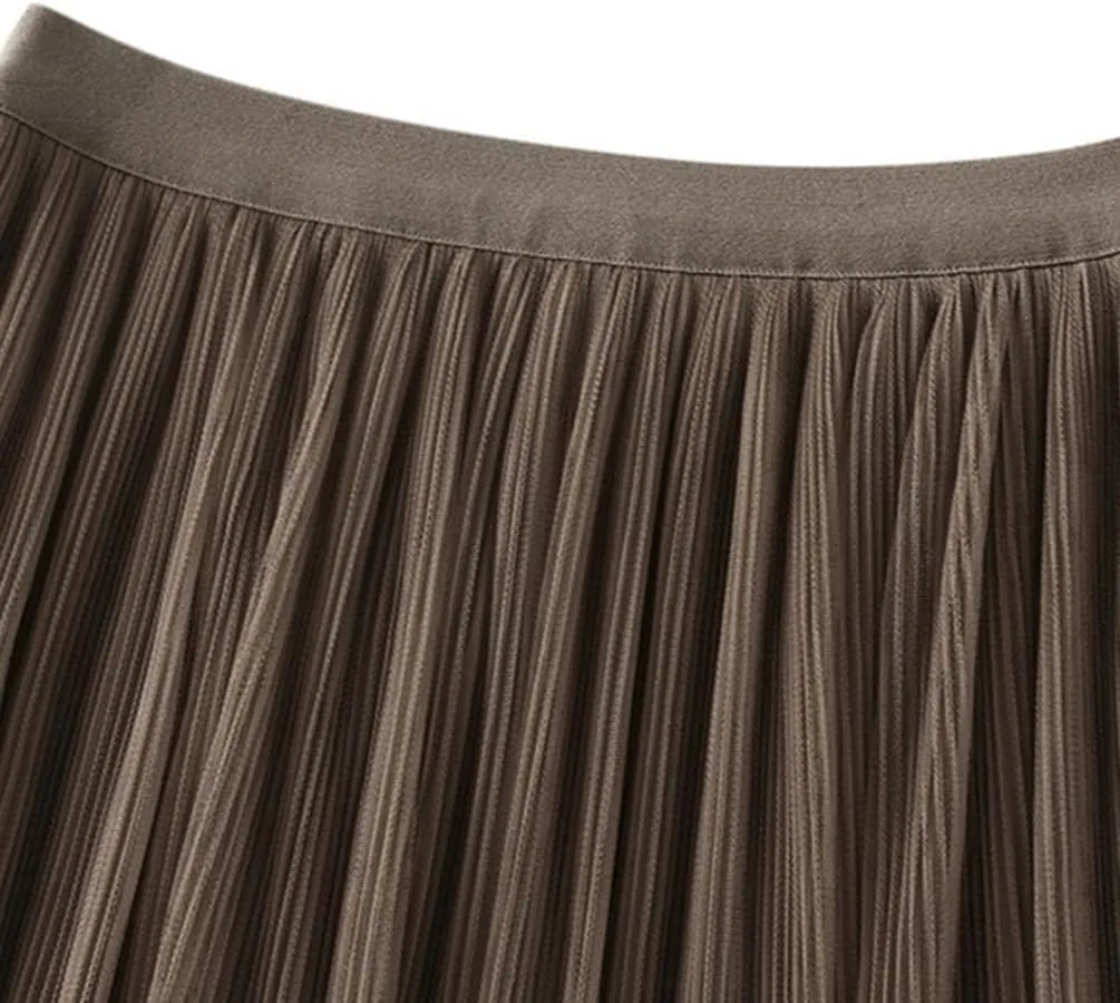 Women's A-line Tulle Skirts Lined Elastic Waist High Waist Skirt Midi Lace Long Pleated Mesh Skirt Reversible Skirt
