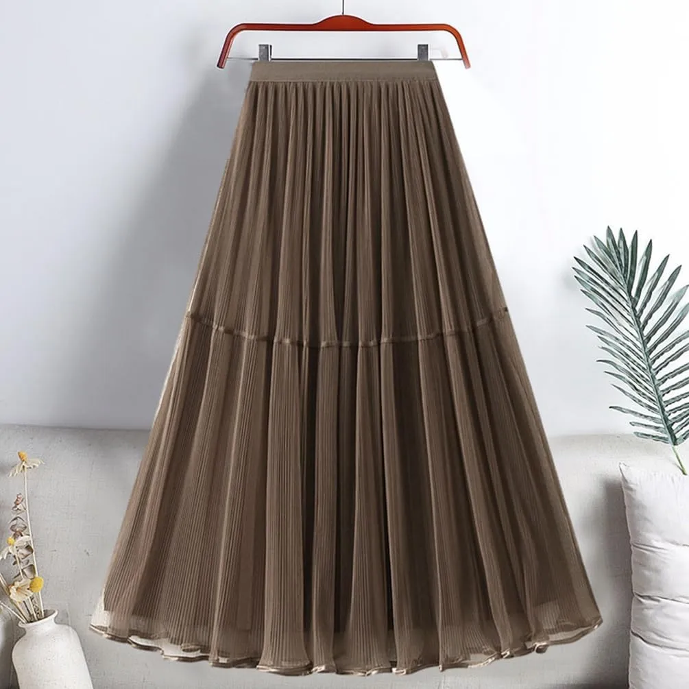 Women's A-line Tulle Skirts Lined Elastic Waist High Waist Skirt Midi Lace Long Pleated Mesh Skirt Reversible Skirt