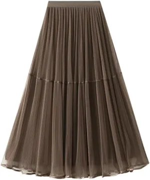 Women's A-line Tulle Skirts Lined Elastic Waist High Waist Skirt Midi Lace Long Pleated Mesh Skirt Reversible Skirt