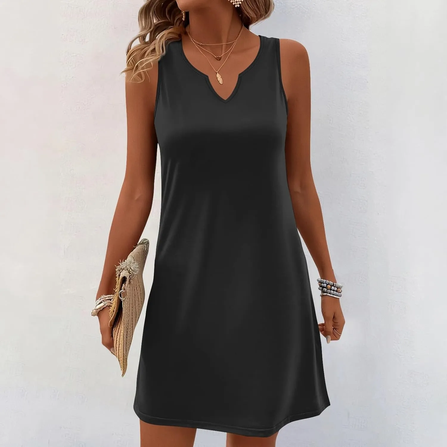Women's Beach Dresses 2025 Summer V-Neck Sleeveless Tank Mini Sundress, S-3XL