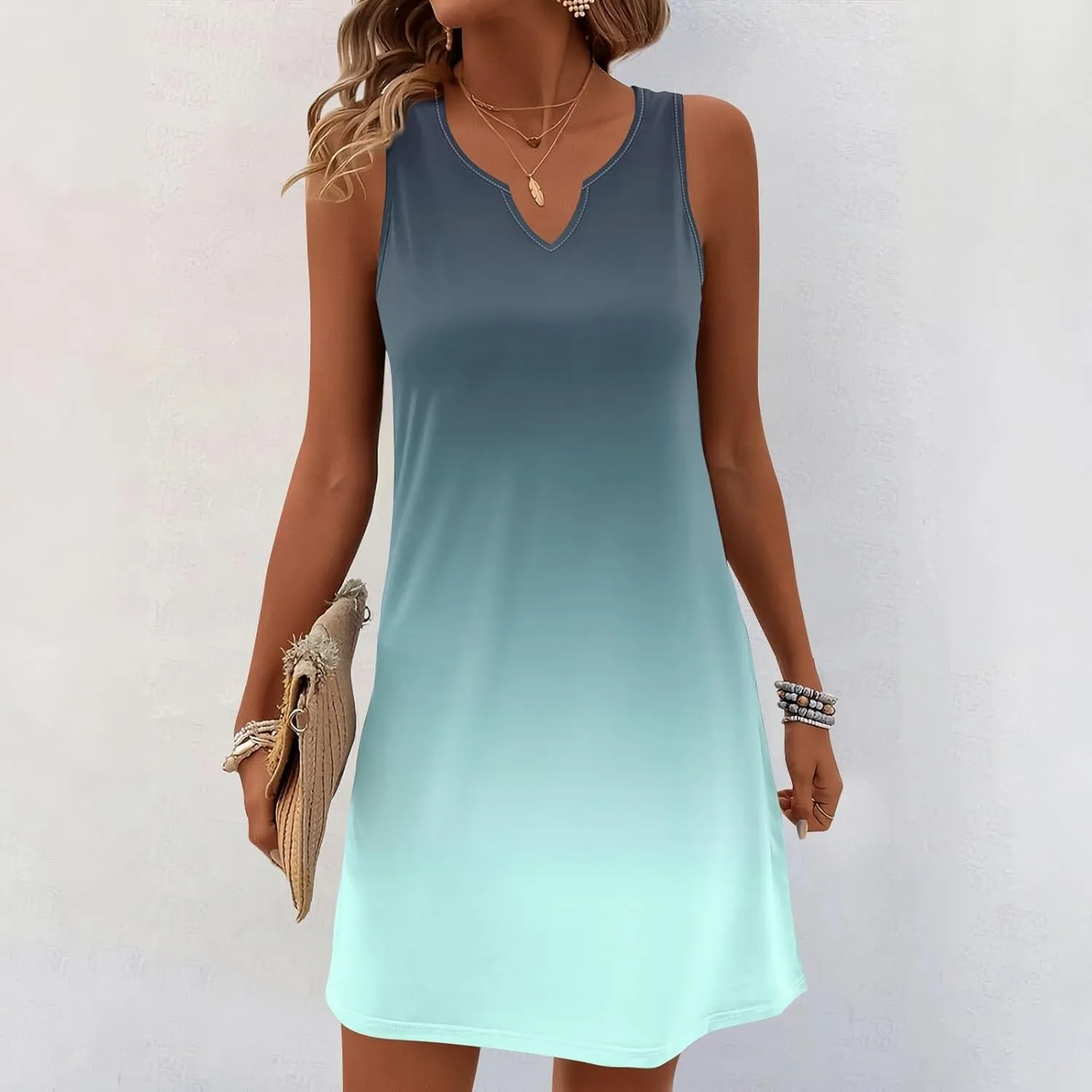 Women's Beach Dresses 2025 Summer V-Neck Sleeveless Tank Mini Sundress, S-3XL