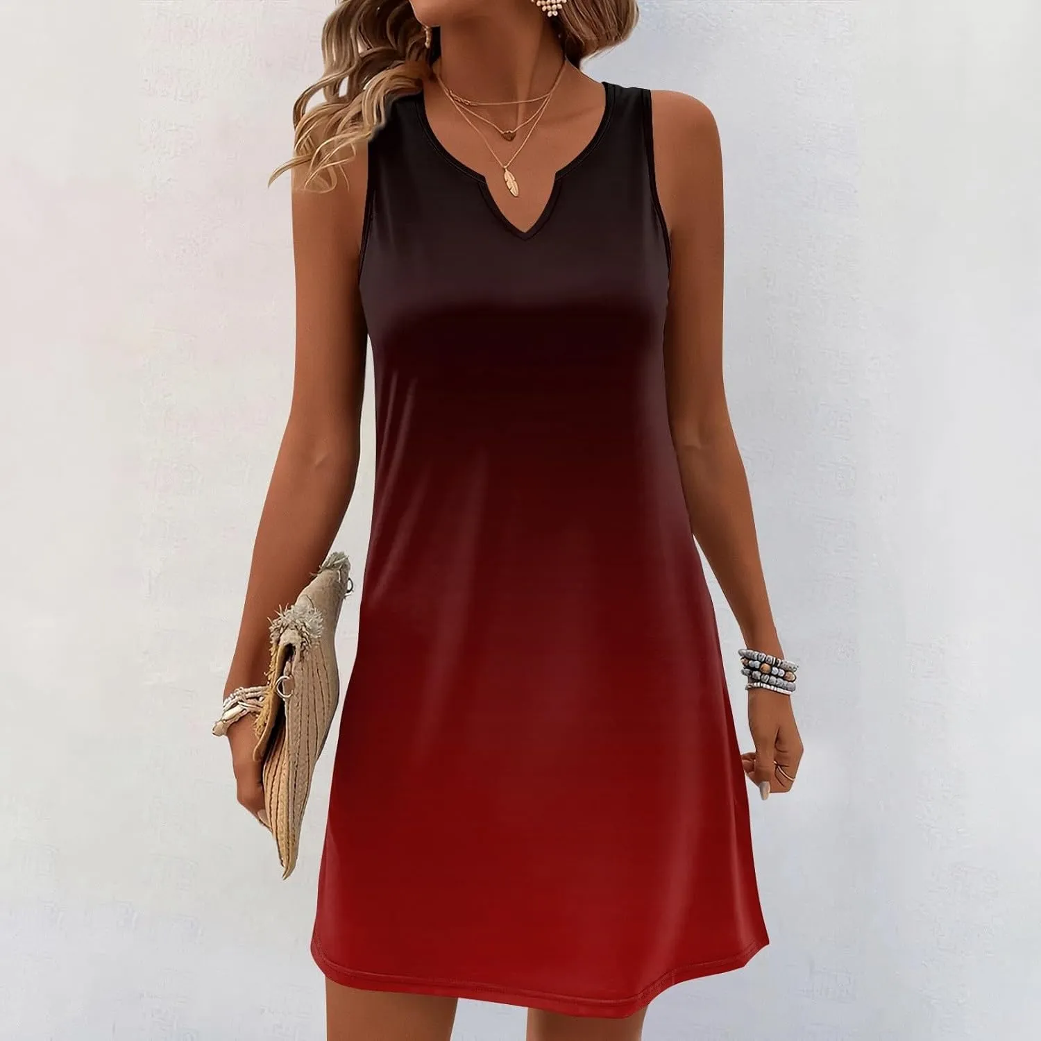 Women's Beach Dresses 2025 Summer V-Neck Sleeveless Tank Mini Sundress, S-3XL