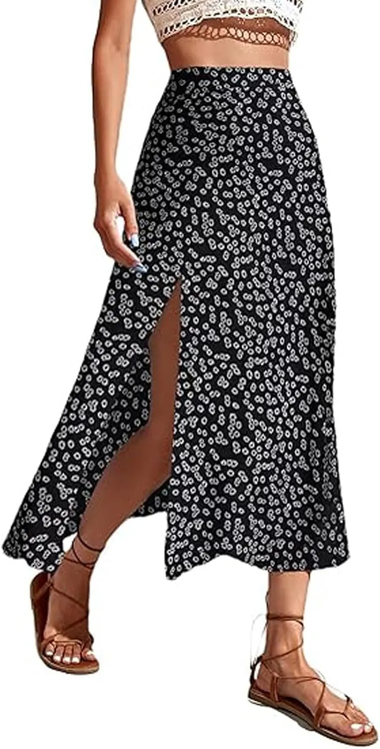 Womens Boho Floral Skirt with Slit Summer Beach Flowy Midi Skirts Sexy High Waisted A-Line Skirts Casual Wraps Skirt Dresses