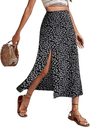 Womens Boho Floral Skirt with Slit Summer Beach Flowy Midi Skirts Sexy High Waisted A-Line Skirts Casual Wraps Skirt Dresses