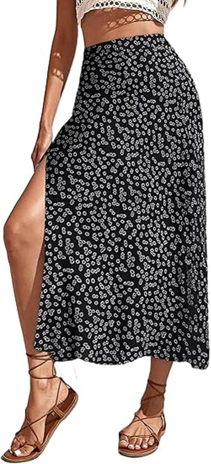 Womens Boho Floral Skirt with Slit Summer Beach Flowy Midi Skirts Sexy High Waisted A-Line Skirts Casual Wraps Skirt Dresses