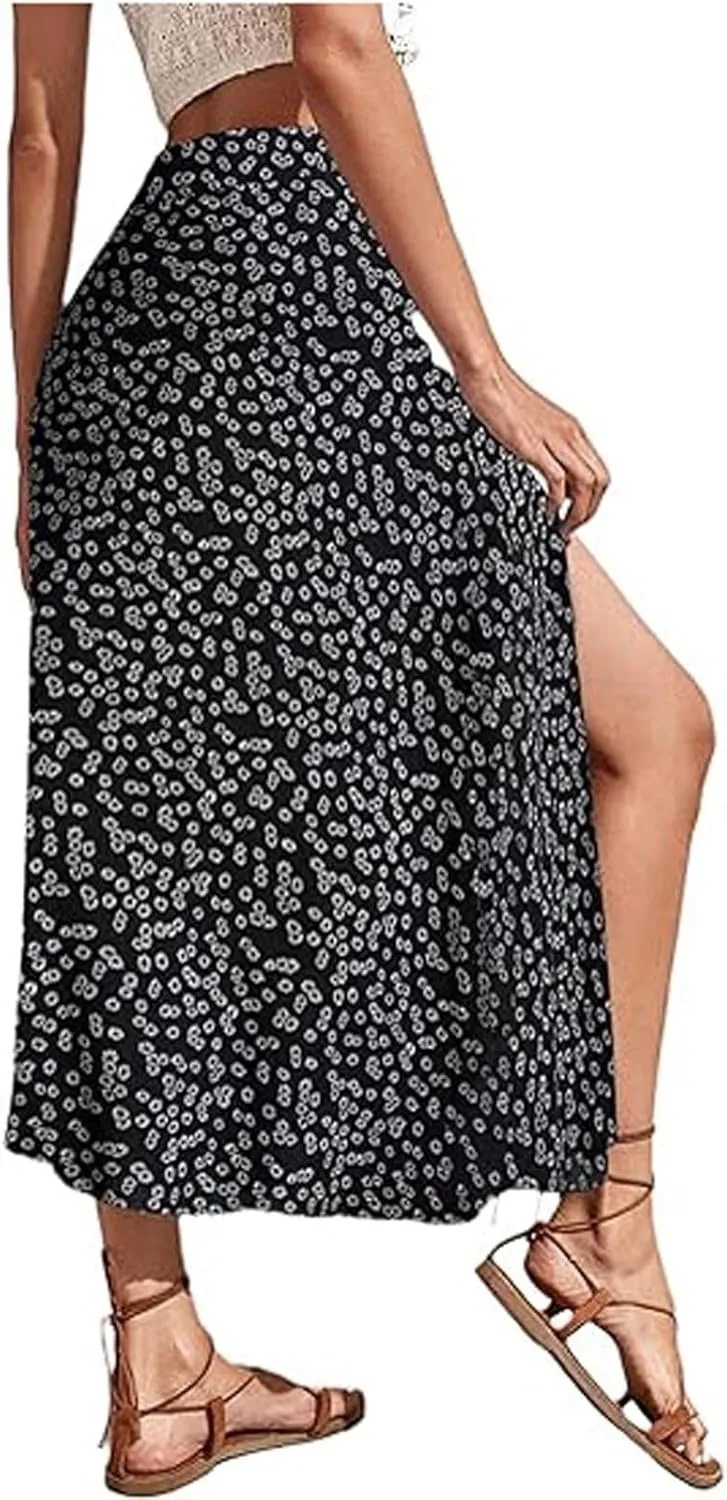 Womens Boho Floral Skirt with Slit Summer Beach Flowy Midi Skirts Sexy High Waisted A-Line Skirts Casual Wraps Skirt Dresses