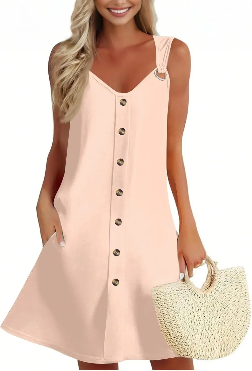 Women's Boho Summer Dresses 2025 Solid V Neck Button Down Sleeveless Tank Sundress with Pockets Mini Dresses, S-3XL