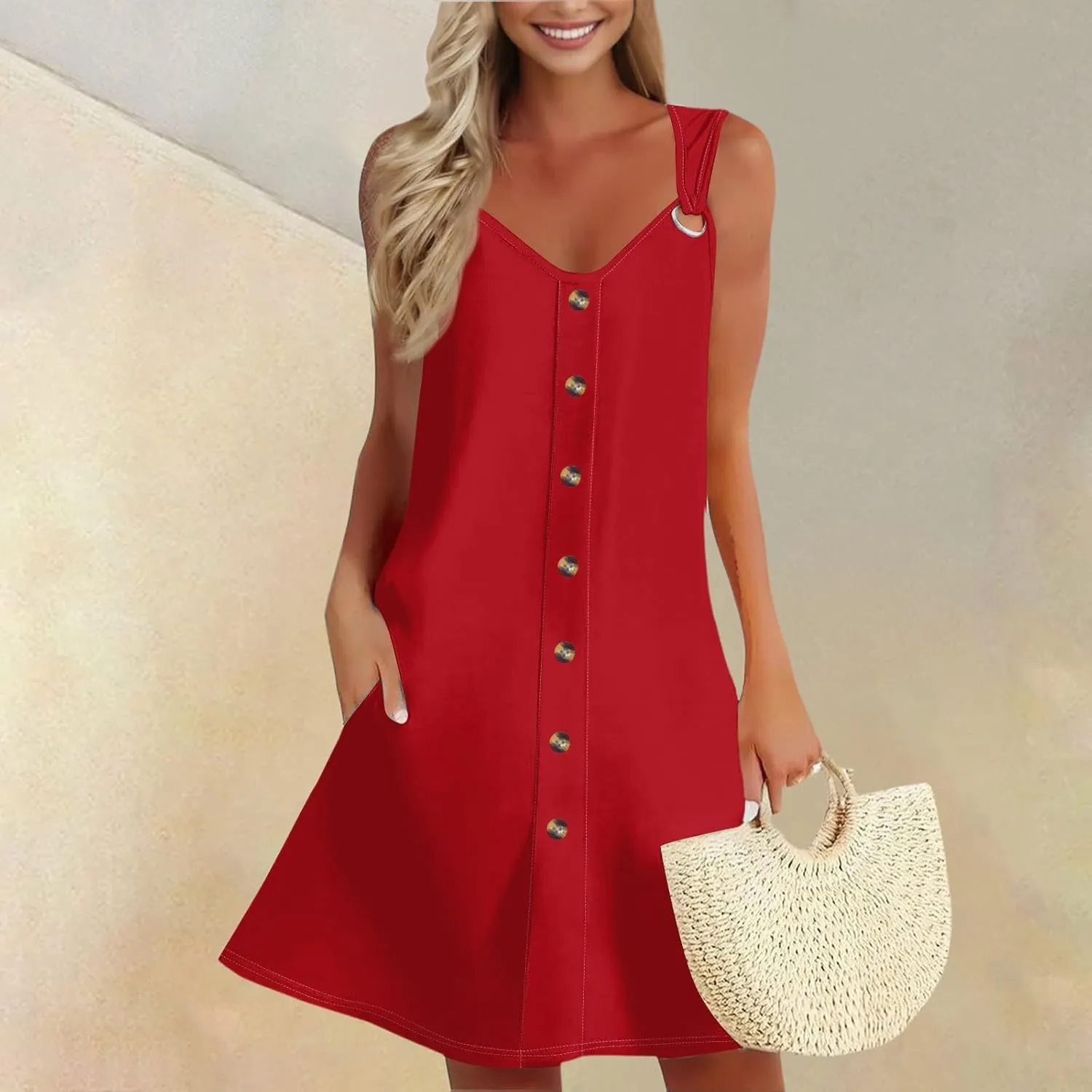 Women's Boho Summer Dresses 2025 Solid V Neck Button Down Sleeveless Tank Sundress with Pockets Mini Dresses, S-3XL