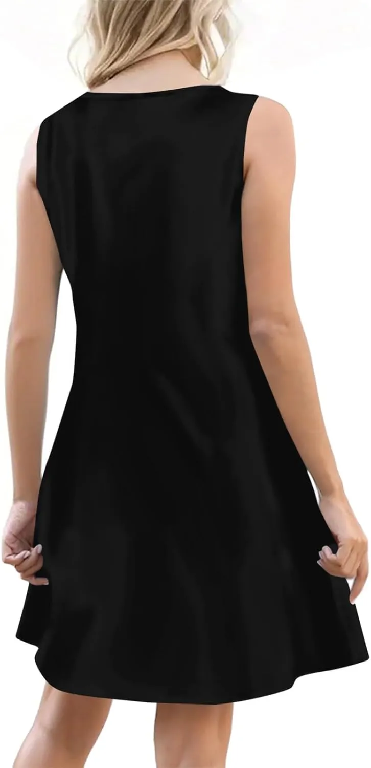Women's Boho Summer Dresses 2025 Solid V Neck Button Down Sleeveless Tank Sundress with Pockets Mini Dresses, S-3XL
