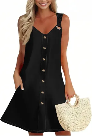 Women's Boho Summer Dresses 2025 Solid V Neck Button Down Sleeveless Tank Sundress with Pockets Mini Dresses, S-3XL
