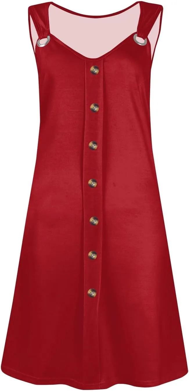 Women's Boho Summer Dresses 2025 Solid V Neck Button Down Sleeveless Tank Sundress with Pockets Mini Dresses, S-3XL