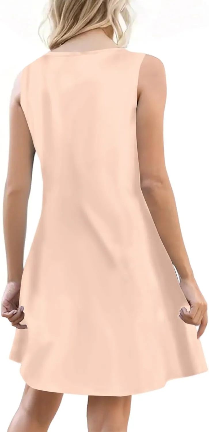 Women's Boho Summer Dresses 2025 Solid V Neck Button Down Sleeveless Tank Sundress with Pockets Mini Dresses, S-3XL