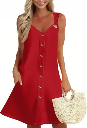 Women's Boho Summer Dresses 2025 Solid V Neck Button Down Sleeveless Tank Sundress with Pockets Mini Dresses, S-3XL