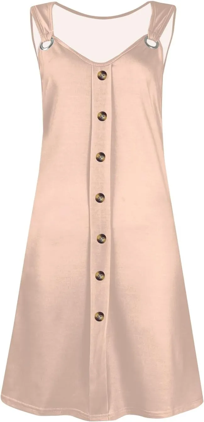 Women's Boho Summer Dresses 2025 Solid V Neck Button Down Sleeveless Tank Sundress with Pockets Mini Dresses, S-3XL