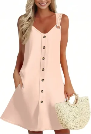 Women's Boho Summer Dresses 2025 Solid V Neck Button Down Sleeveless Tank Sundress with Pockets Mini Dresses, S-3XL