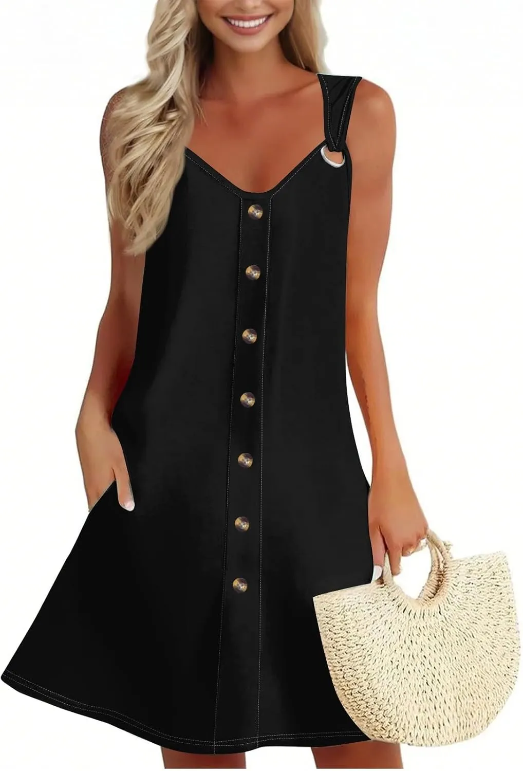 Women's Boho Summer Dresses 2025 Solid V Neck Button Down Sleeveless Tank Sundress with Pockets Mini Dresses, S-3XL