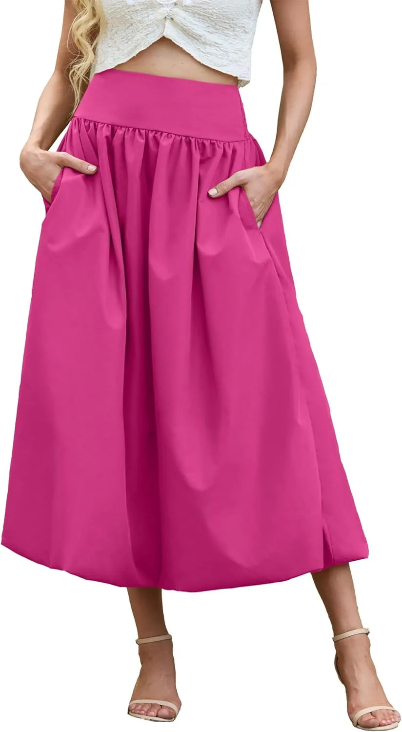 Women's Bubble Long Skirt Elastic Waist A-Line Pleated Ruffle Flowy Balloon Maxi Skirts with Pockets