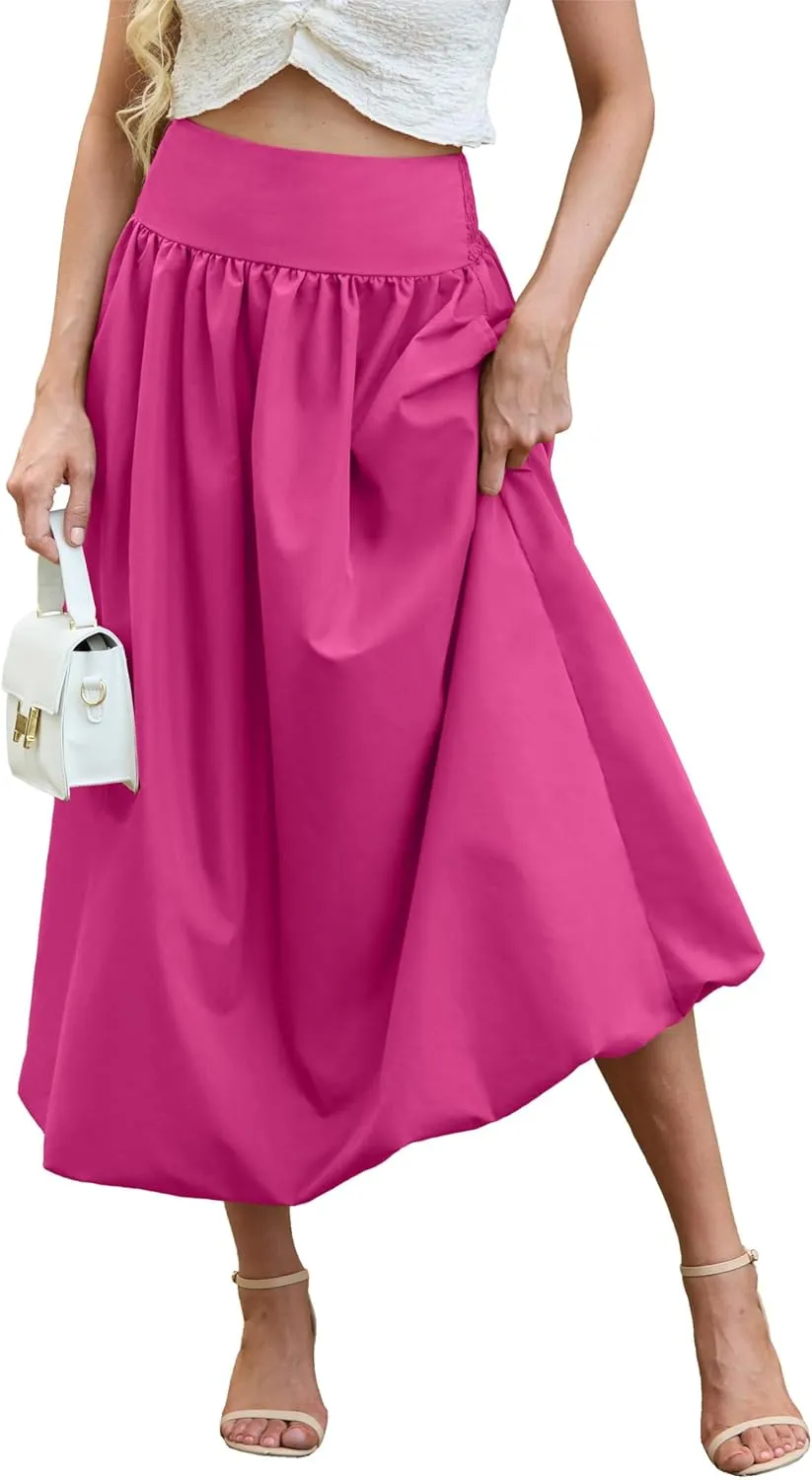 Women's Bubble Long Skirt Elastic Waist A-Line Pleated Ruffle Flowy Balloon Maxi Skirts with Pockets