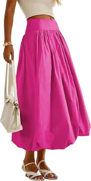 Women's Bubble Long Skirt Elastic Waist A-Line Pleated Ruffle Flowy Balloon Maxi Skirts with Pockets