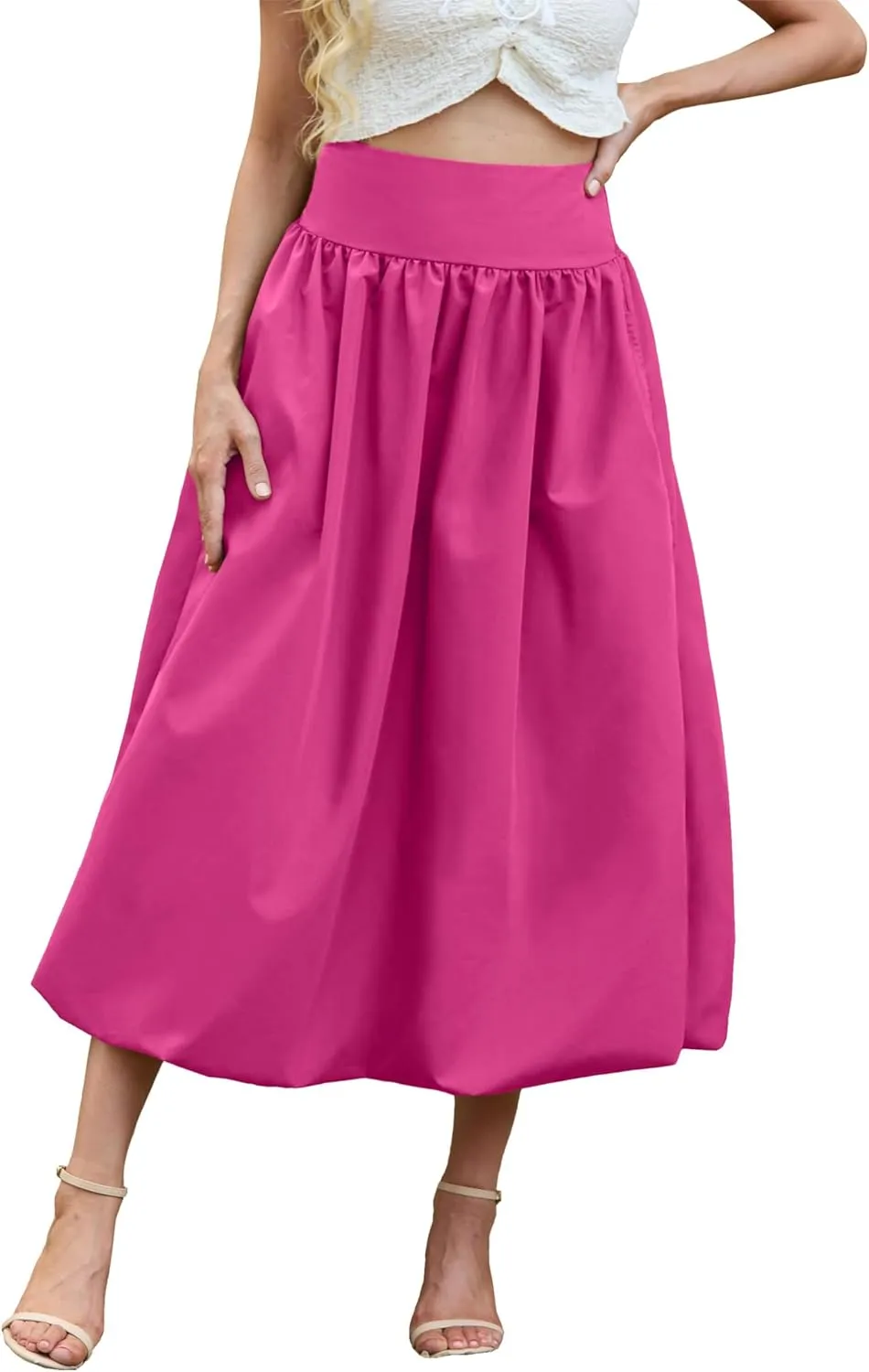Women's Bubble Long Skirt Elastic Waist A-Line Pleated Ruffle Flowy Balloon Maxi Skirts with Pockets