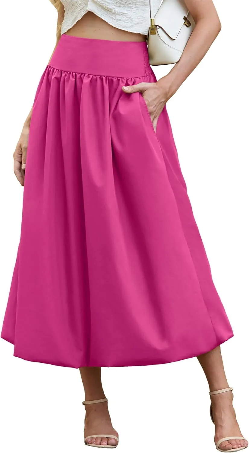 Women's Bubble Long Skirt Elastic Waist A-Line Pleated Ruffle Flowy Balloon Maxi Skirts with Pockets