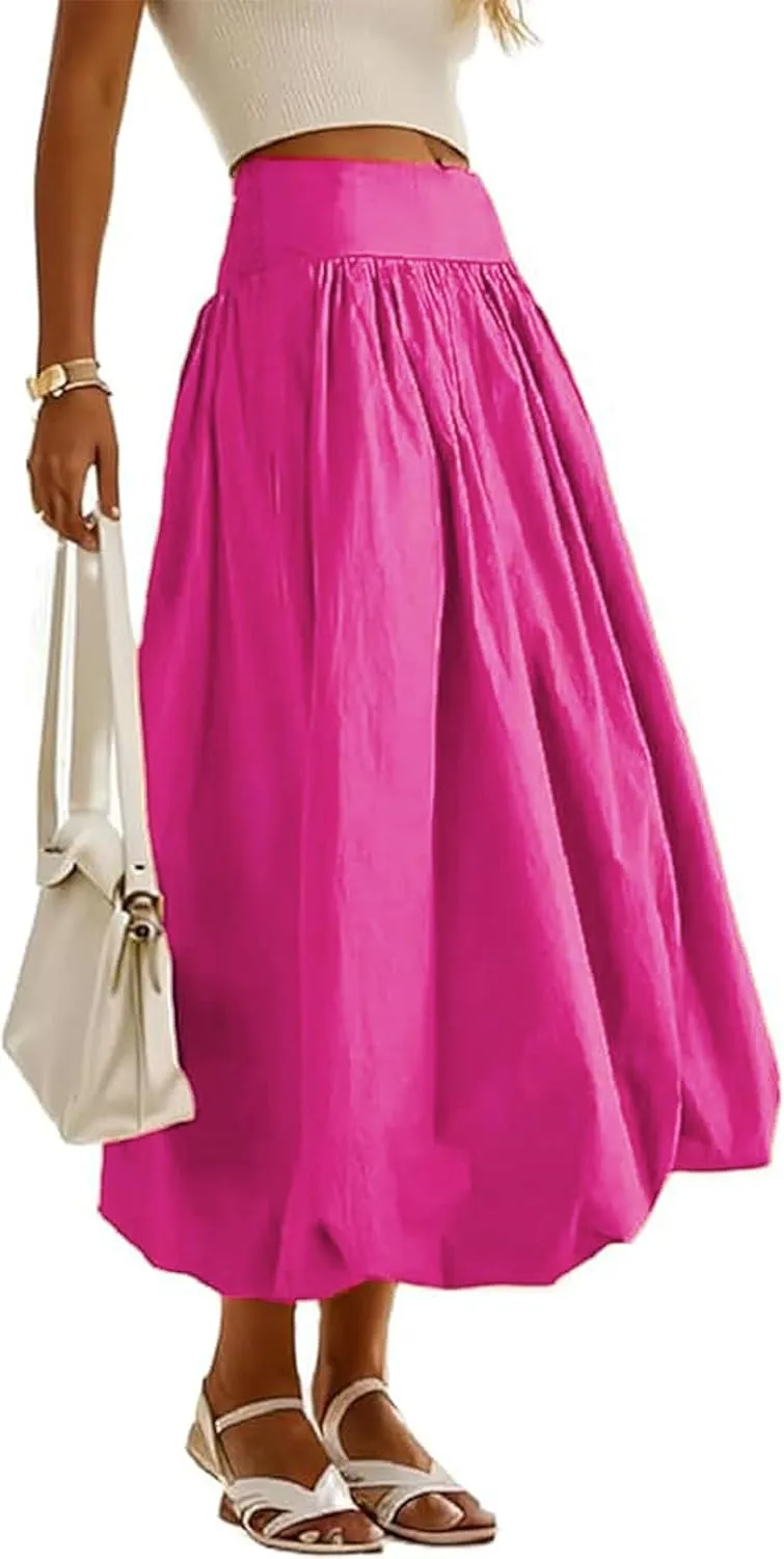 Women's Bubble Long Skirt Elastic Waist A-Line Pleated Ruffle Flowy Balloon Maxi Skirts with Pockets