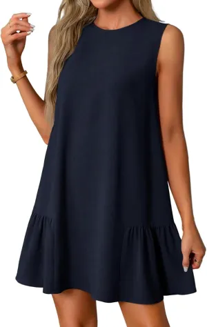 Women's Casual Dresses 2025 Sleeveless Round Neck Tank Ruffle Loose Mini Sundresses, S-2XL