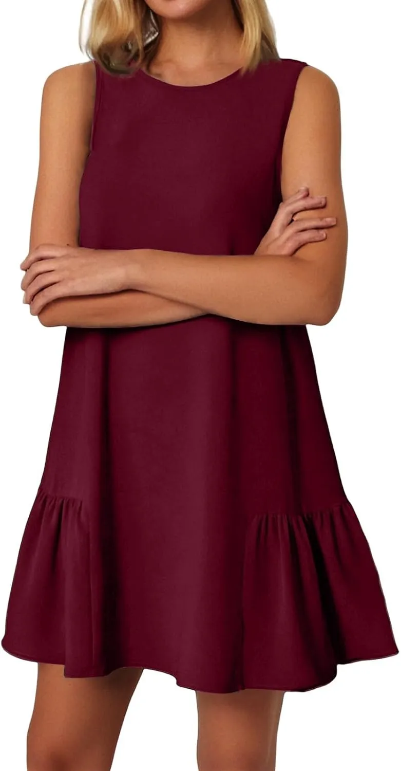Women's Casual Dresses 2025 Sleeveless Round Neck Tank Ruffle Loose Mini Sundresses, S-2XL
