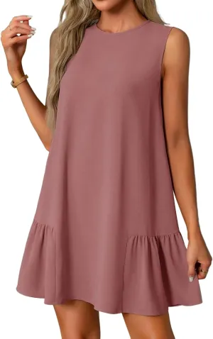 Women's Casual Dresses 2025 Sleeveless Round Neck Tank Ruffle Loose Mini Sundresses, S-2XL