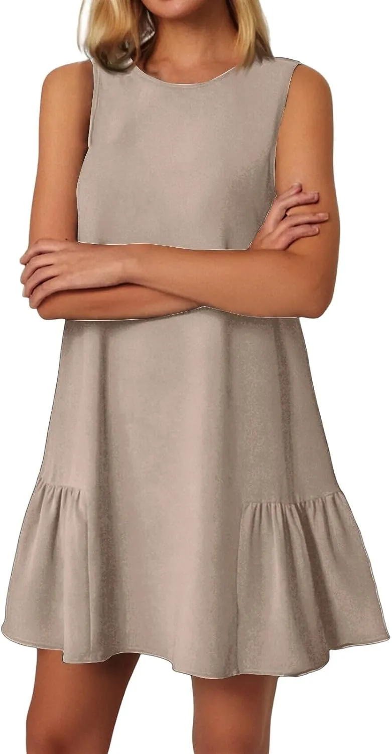 Women's Casual Dresses 2025 Sleeveless Round Neck Tank Ruffle Loose Mini Sundresses, S-2XL