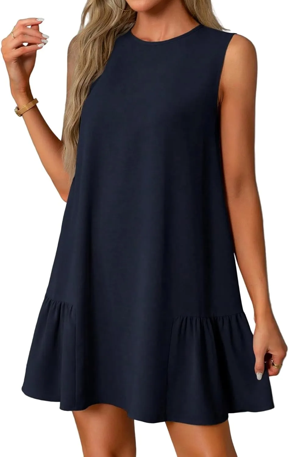 Women's Casual Dresses 2025 Sleeveless Round Neck Tank Ruffle Loose Mini Sundresses, S-2XL