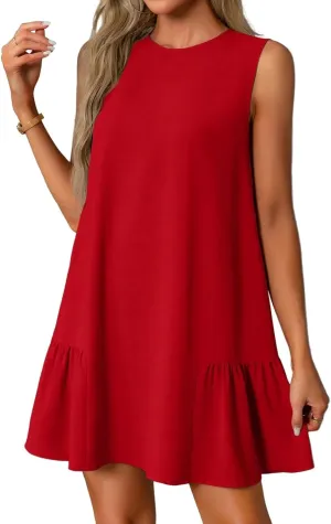 Women's Casual Dresses 2025 Sleeveless Round Neck Tank Ruffle Loose Mini Sundresses, S-2XL