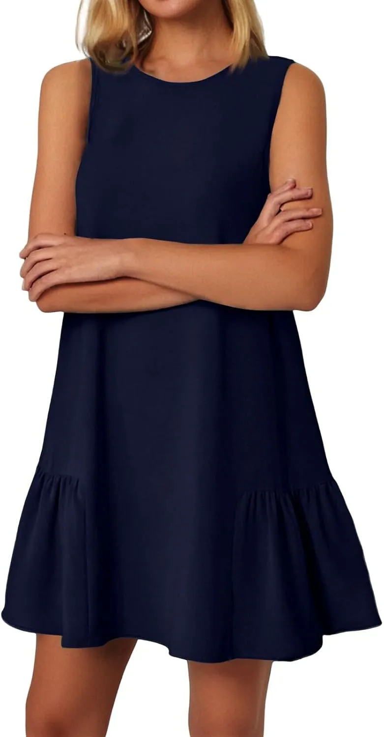 Women's Casual Dresses 2025 Sleeveless Round Neck Tank Ruffle Loose Mini Sundresses, S-2XL