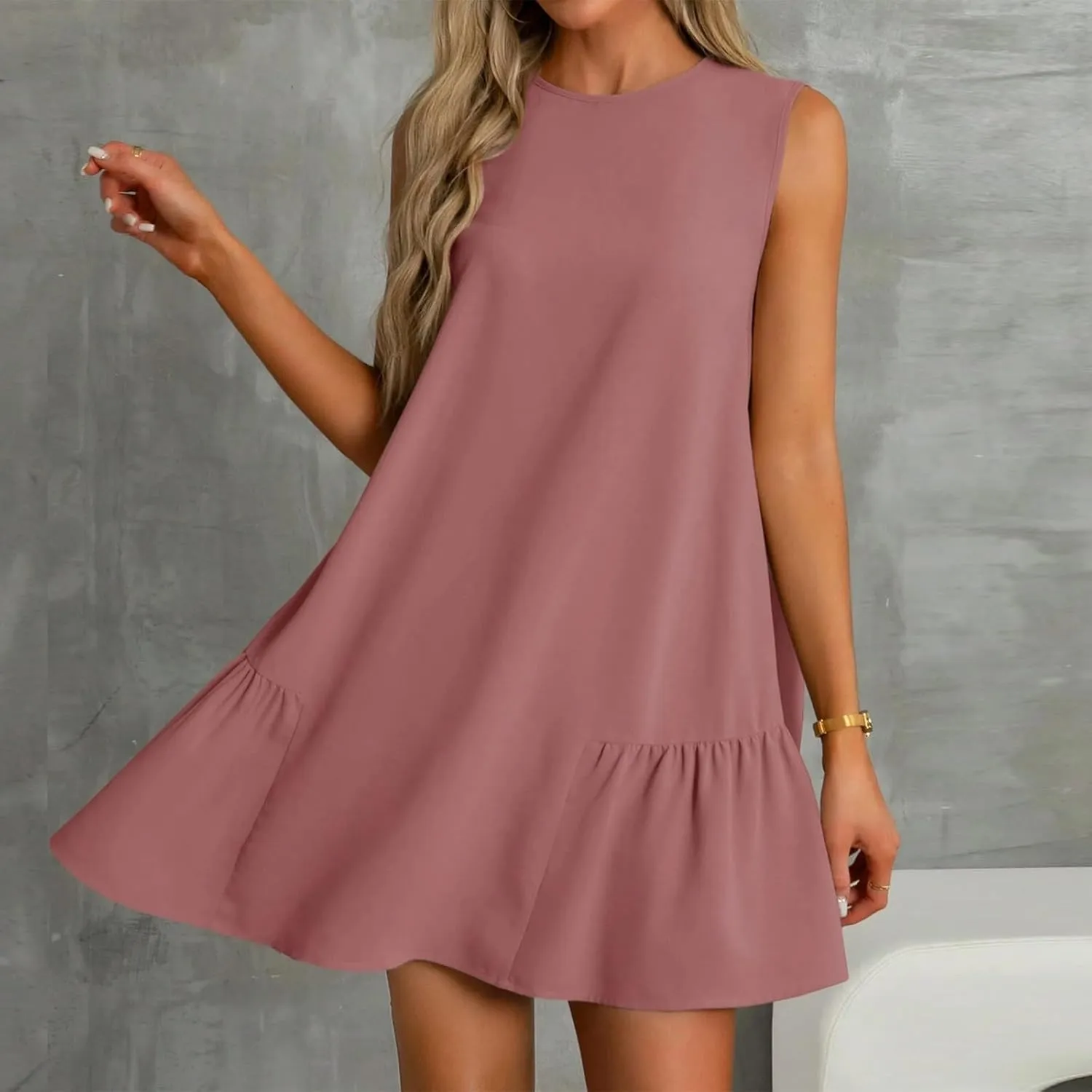 Women's Casual Dresses 2025 Sleeveless Round Neck Tank Ruffle Loose Mini Sundresses, S-2XL