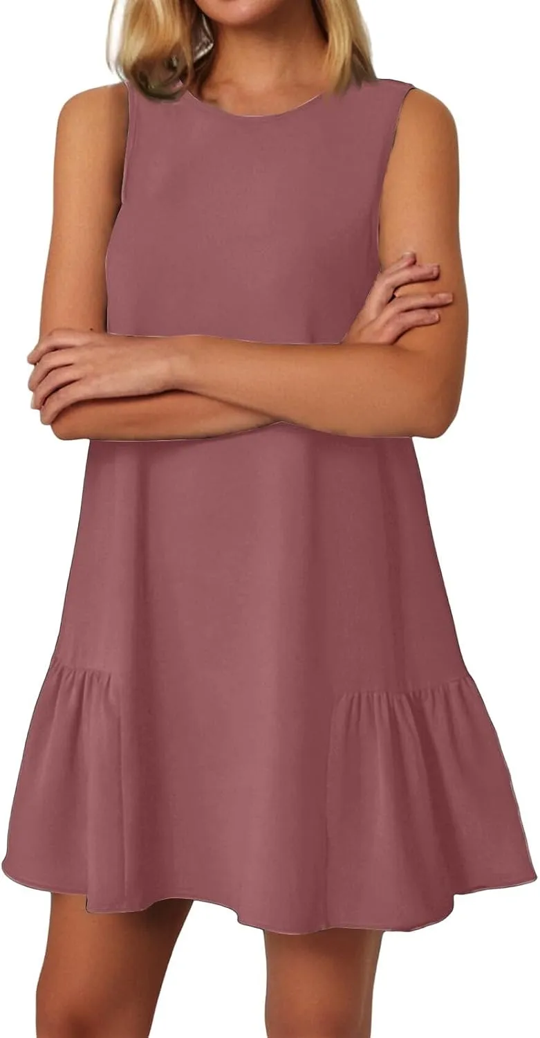 Women's Casual Dresses 2025 Sleeveless Round Neck Tank Ruffle Loose Mini Sundresses, S-2XL