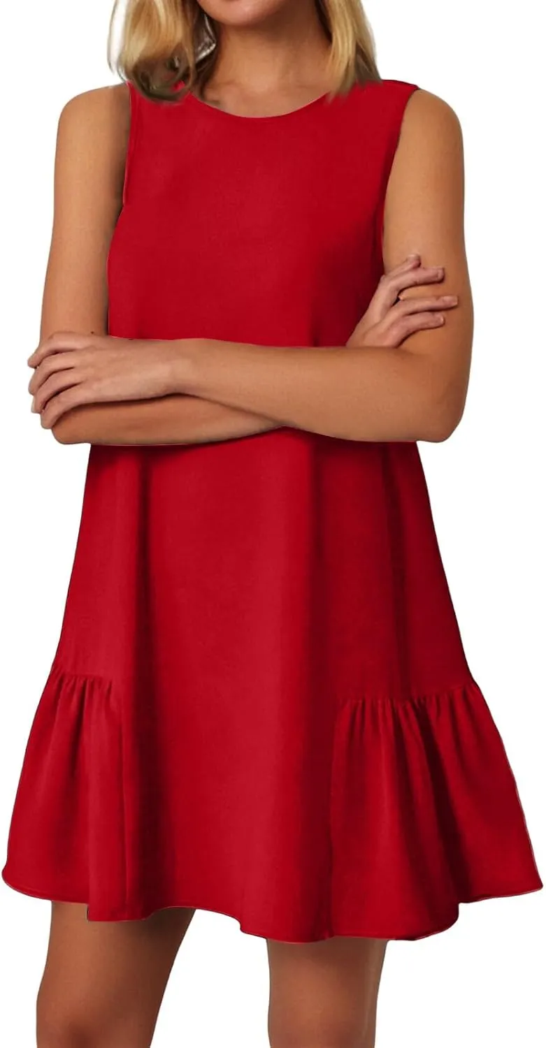 Women's Casual Dresses 2025 Sleeveless Round Neck Tank Ruffle Loose Mini Sundresses, S-2XL