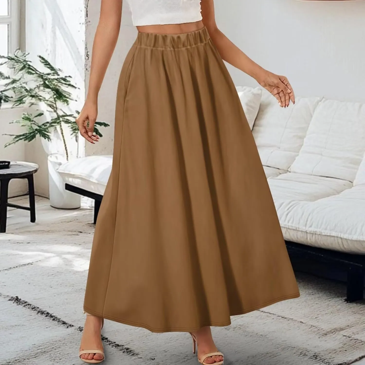 Womens Casual High Waist Skirt Elastic Ankle Length Summer Long Maxi Skirts Dress with Pockets Size S-2XL