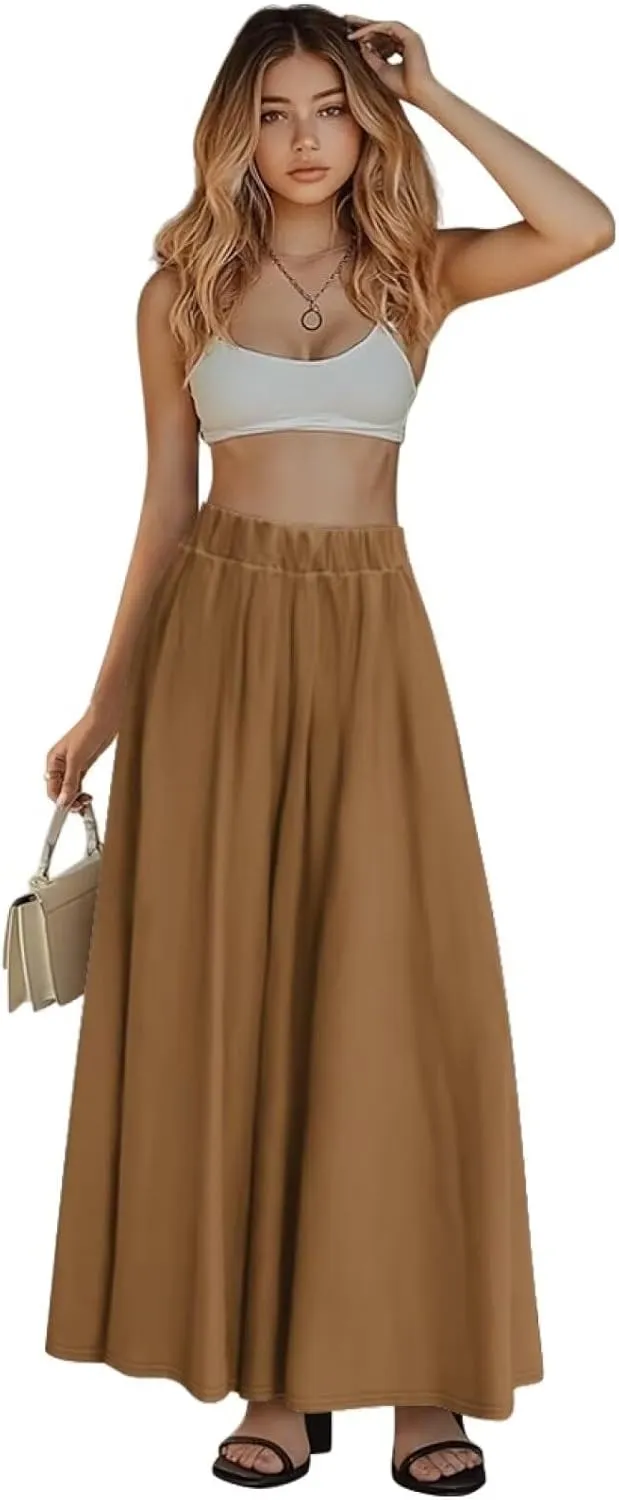 Womens Casual High Waist Skirt Elastic Ankle Length Summer Long Maxi Skirts Dress with Pockets Size S-2XL