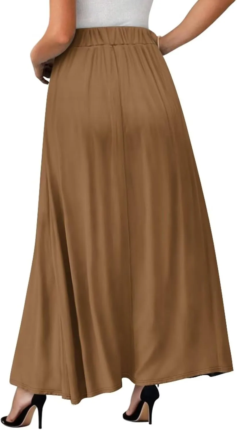 Womens Casual High Waist Skirt Elastic Ankle Length Summer Long Maxi Skirts Dress with Pockets Size S-2XL