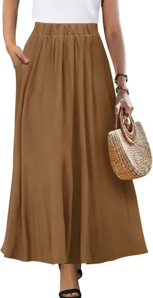 Womens Casual High Waist Skirt Elastic Ankle Length Summer Long Maxi Skirts Dress with Pockets Size S-2XL