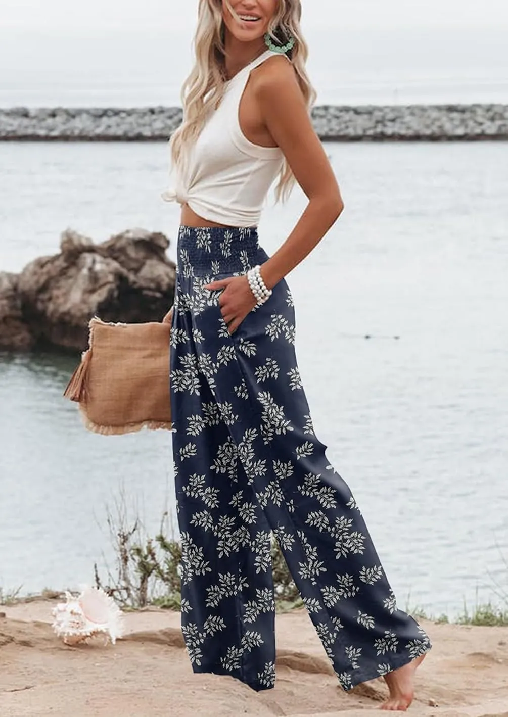 Womens Casual Loose Fit Palazzo Pants Elastic High Waist Lounge Long Pajama Wide Leg Trousers with Pocket