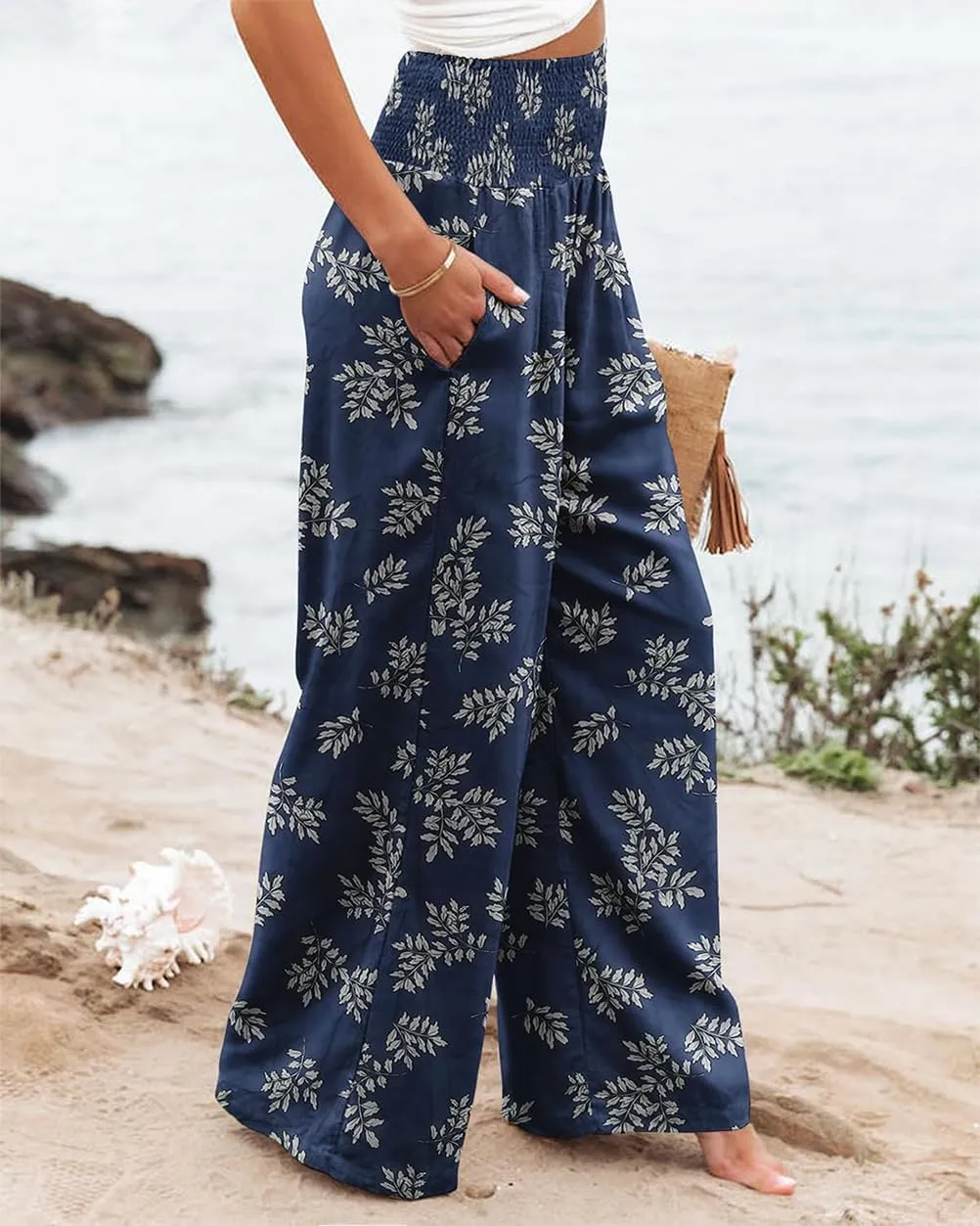 Womens Casual Loose Fit Palazzo Pants Elastic High Waist Lounge Long Pajama Wide Leg Trousers with Pocket