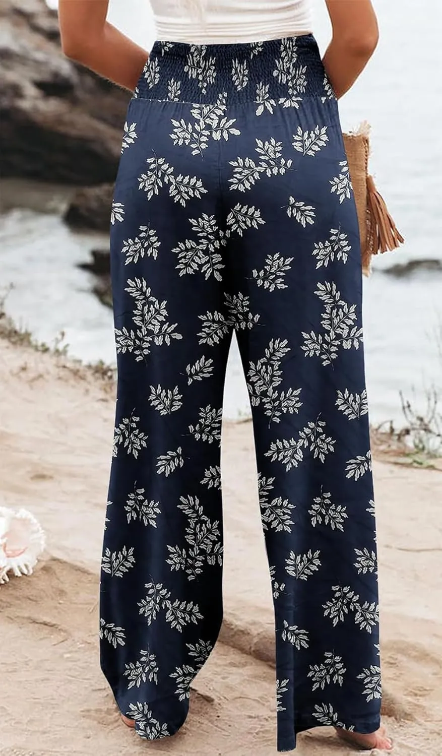 Womens Casual Loose Fit Palazzo Pants Elastic High Waist Lounge Long Pajama Wide Leg Trousers with Pocket